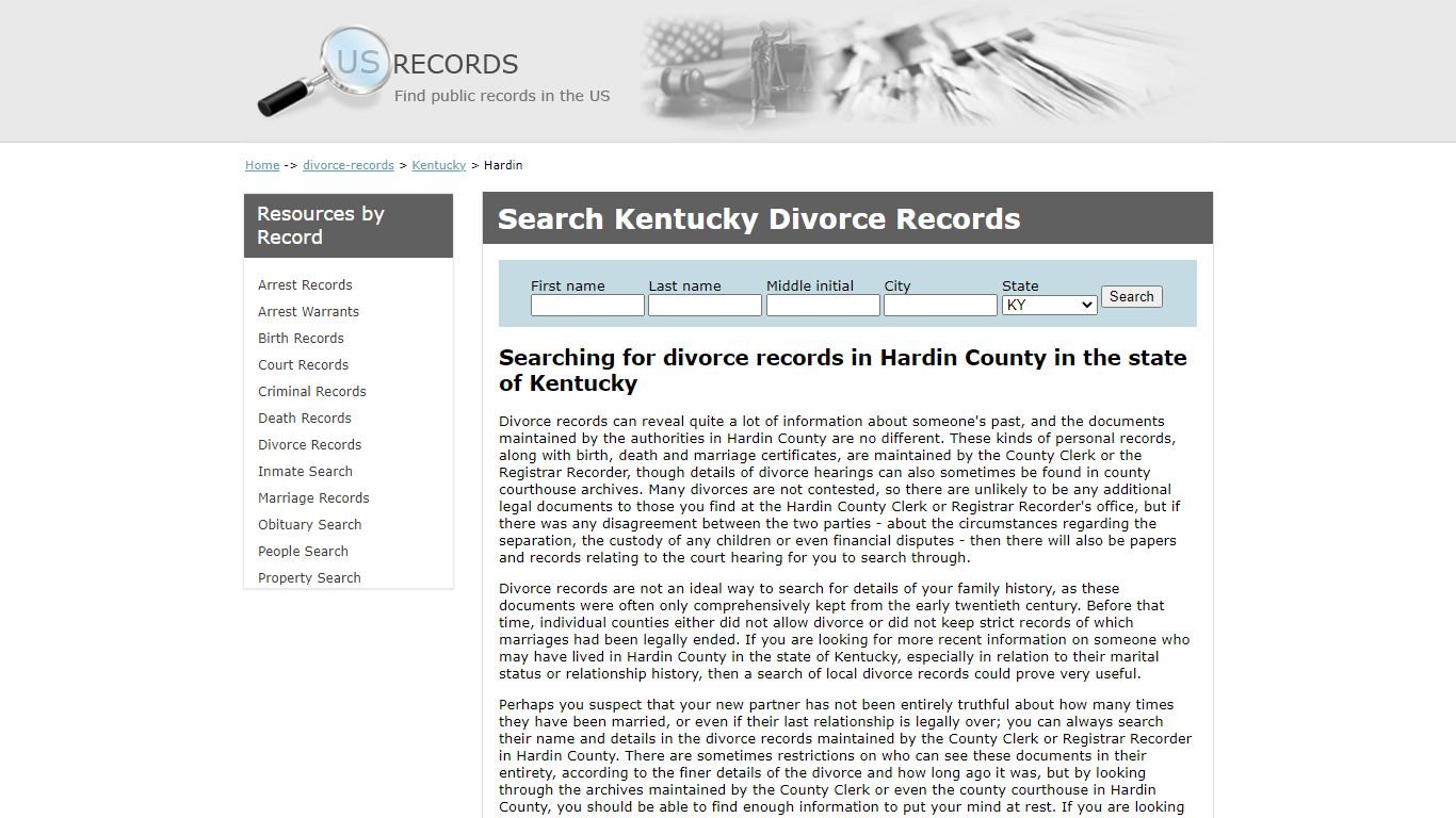 Search Divorce Records Hardin Kentucky | US Records